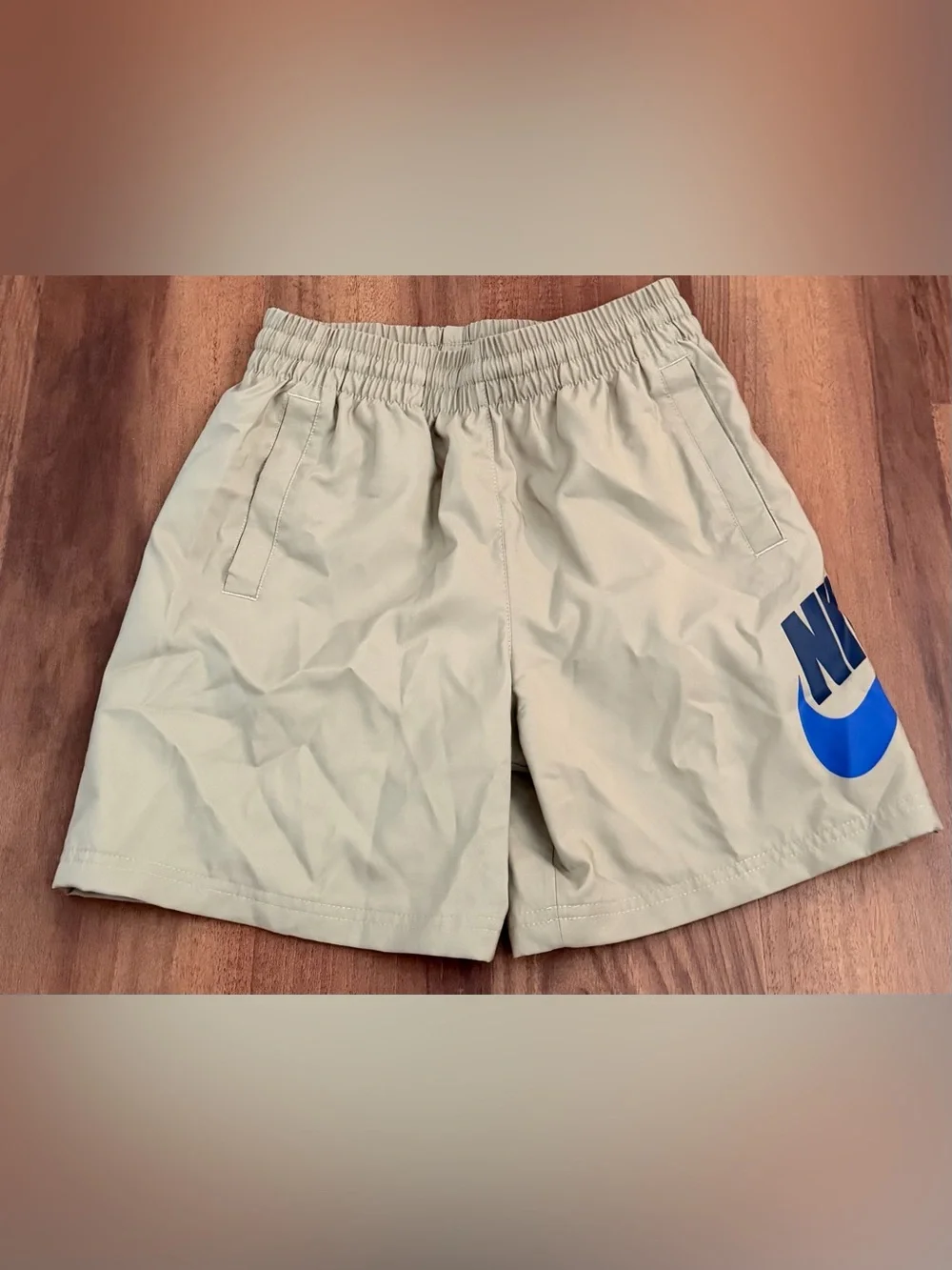 Nike Boys Athletic Shorts - Khaki with Blue Swoosh, Medium